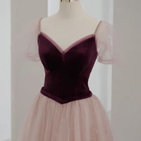 Pink velvet tulle long prom dress pink evening dress - Thumbnail 1