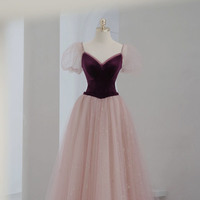 Pink velvet tulle long prom dress pink evening dress - Thumbnail 2