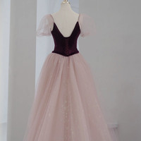 Pink velvet tulle long prom dress pink evening dress - Thumbnail 3
