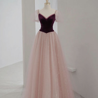Pink velvet tulle long prom dress pink evening dress - Thumbnail 4