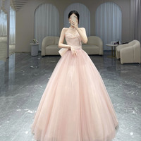 Pink tulle long A-line prom dress evening dress - Thumbnail 1