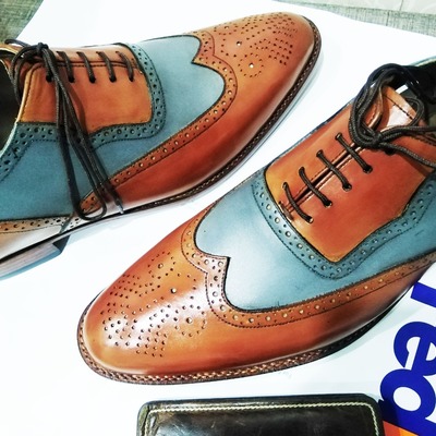 Luxury men's hand stitch two tone oxfords leather lace up shoes - Thumbnail 2