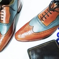 Luxury Men's Hand Stitch Two Tone Oxfords Leather Lace Up Shoes - Thumbnail 2