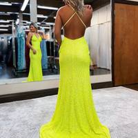 Sparkly Mermaid V Neck Yellow Sequins Long Prom Dresses - Thumbnail 1