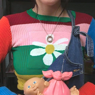 Y2k striped flower knit sweater