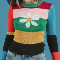 Y2K STRIPED FLOWER KNIT SWEATER - Thumbnail 1