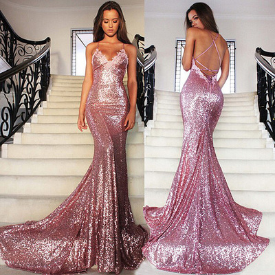 Sexy spaghetti straps pink glitter prom dress, sparkling sequined open back prom dress with lace appliques, criss cross long prom dress,892