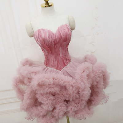 Pink tulle short prom dress cocktail dress,elegant homecoming dress,893