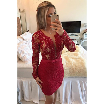 Scoop neck see-though lace short prom dress, long sleeved red bodycon covered button prom dress, deep v-neck pearl ribbon mini prom dress,897