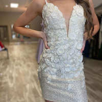 Cute V Neck Light Blue Sparkly Sequins Short Homecoming Dresses with Appliques - Thumbnail 1
