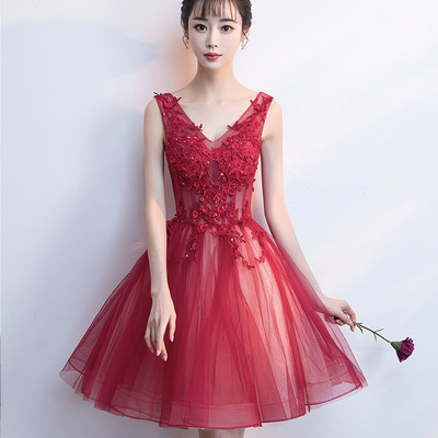 Red v-neck lace short prom dress homecoming dress - Thumbnail 1