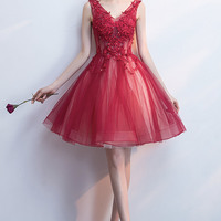 Red V-neck lace short prom dress homecoming dress - Thumbnail 4