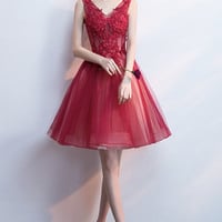 Red V-neck lace short prom dress homecoming dress - Thumbnail 5