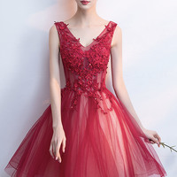 Red V-neck lace short prom dress homecoming dress - Thumbnail 6