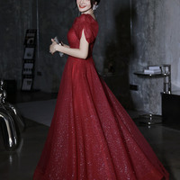 Burgundy tulle sequins long prom dress evening dress - Thumbnail 1