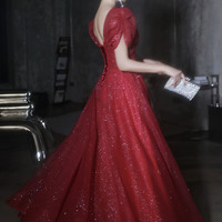 Burgundy tulle sequins long prom dress evening dress - Thumbnail 2