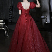 Burgundy tulle sequins long prom dress evening dress - Thumbnail 3