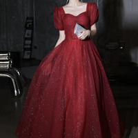 Burgundy tulle sequins long prom dress evening dress - Thumbnail 4