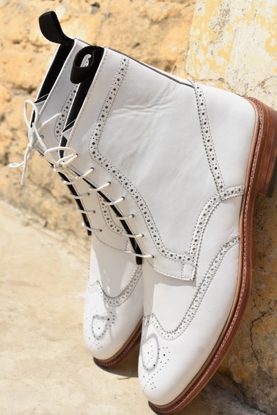 Best Adult Hand Stitch White Oxfords Wingtip Brogue Leather Lace Up Formal Boot