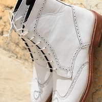 Best Adult Hand Stitch White Oxfords Wingtip Brogue Leather Lace Up Formal Boot - Thumbnail 1