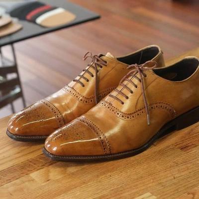 Trendy wear men's tan brown oxfords leather lace up hand stitch shoes - Thumbnail 2