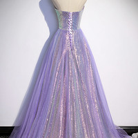 Purple tulle sequins long prom dress evening dress - Thumbnail 4