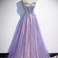 Purple tulle sequins long prom dress evening dress - Thumbnail 5