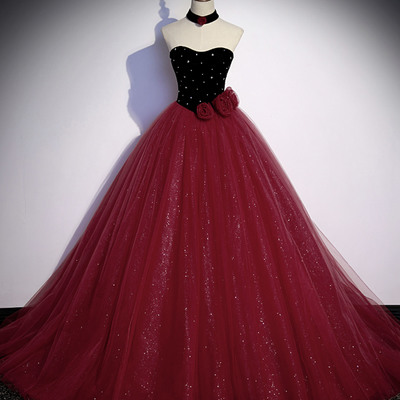 Burgundy tulle long ball gown dress formal dress - Thumbnail 5