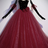 Burgundy tulle long ball gown dress formal dress - Thumbnail 1