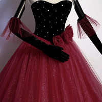 Burgundy tulle long ball gown dress formal dress - Thumbnail 2