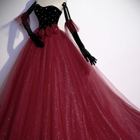 Burgundy tulle long ball gown dress formal dress - Thumbnail 3