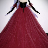 Burgundy tulle long ball gown dress formal dress - Thumbnail 4