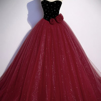 Burgundy tulle long ball gown dress formal dress - Thumbnail 5