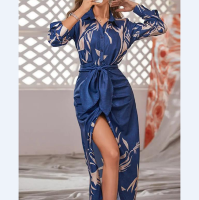 Temperament Women'S High Waist Long Sleeve Printed Dress