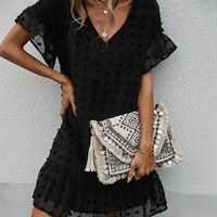 Solid Color V Neck Casual Sexy Chiffon Dress - Thumbnail 3