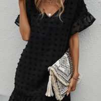 Solid Color V Neck Casual Sexy Chiffon Dress - Thumbnail 1