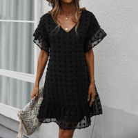 Solid Color V Neck Casual Sexy Chiffon Dress - Thumbnail 2