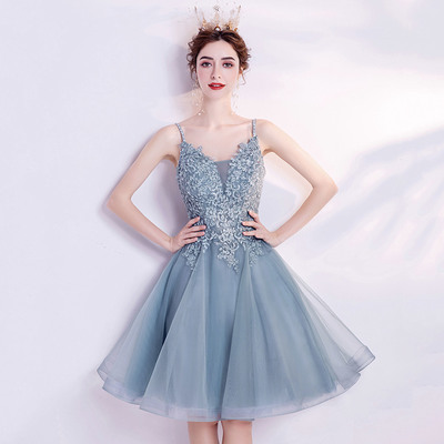 Blue v-neck lace short prom dress homecoming dress - Thumbnail 1