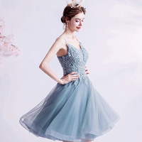 Blue V-neck lace short prom dress homecoming dress - Thumbnail 1