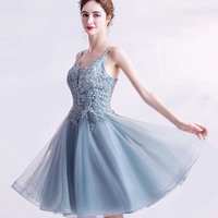Blue V-neck lace short prom dress homecoming dress - Thumbnail 2
