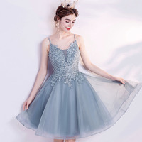 Blue V-neck lace short prom dress homecoming dress - Thumbnail 3
