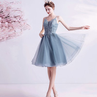 Blue V-neck lace short prom dress homecoming dress - Thumbnail 5