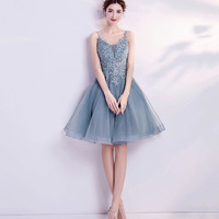 Blue V-neck lace short prom dress homecoming dress - Thumbnail 6