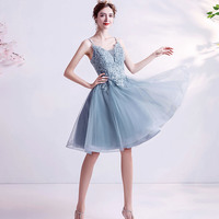 Blue V-neck lace short prom dress homecoming dress - Thumbnail 7