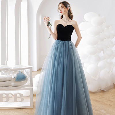 Blue tulle long a-line prom dress blue evening dress - Thumbnail 4