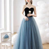 Blue tulle long A-line prom dress blue evening dress - Thumbnail 1
