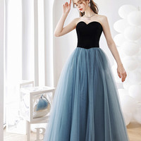 Blue tulle long A-line prom dress blue evening dress - Thumbnail 2