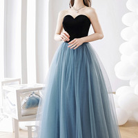 Blue tulle long A-line prom dress blue evening dress - Thumbnail 6