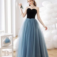 Blue tulle long A-line prom dress blue evening dress - Thumbnail 7