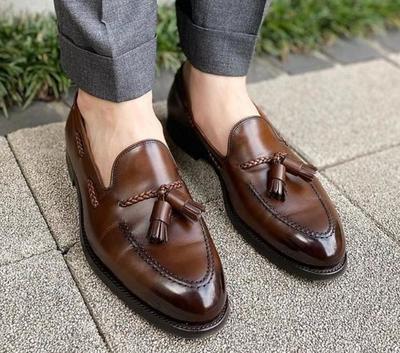Top Fashion Men's Hand Stitch Dark Brown Tassels Loafer Leather Shoes